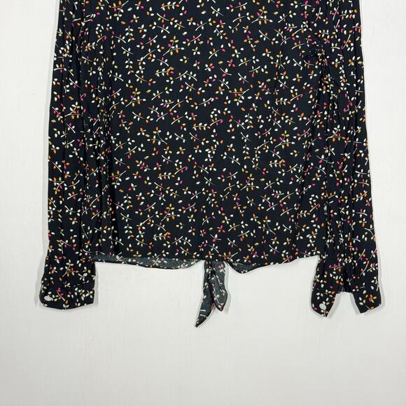 J. Jill Blouse Top Size Small Black Floral Tie Front Split Neck Long Sleeve Boho - Picture 7 of 9